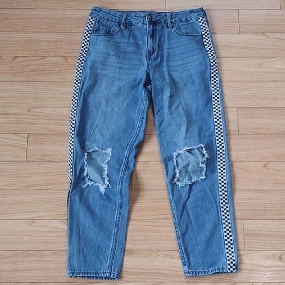 Empyre Eileen Mom Jeans Distressed with Checkered Striping Size 7 - Picture 2 of 16